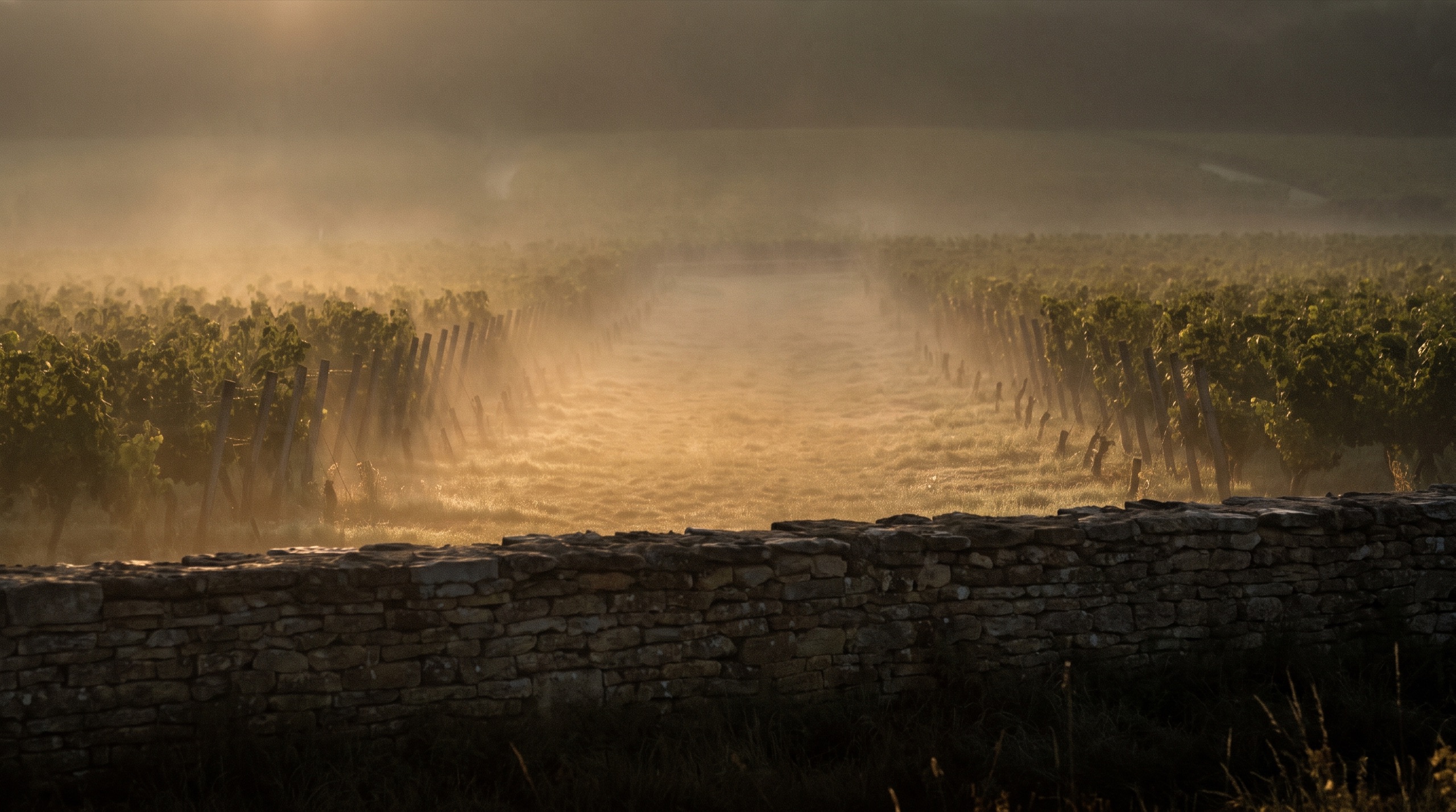 Dawn mist over a walled vineyard clos in Burgundy